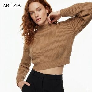 ARITZIA Babaton Cyrus Merino Wool Sweater Camel Tan Cropped Crewneck Ribbed S